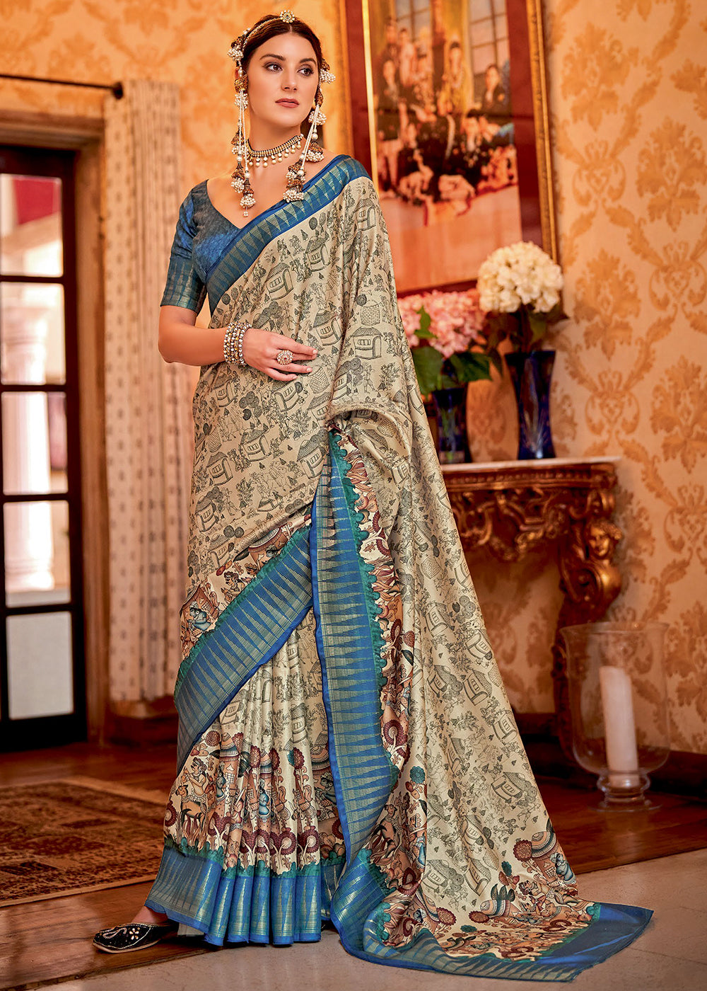 Blue & White Printed Silk Saree