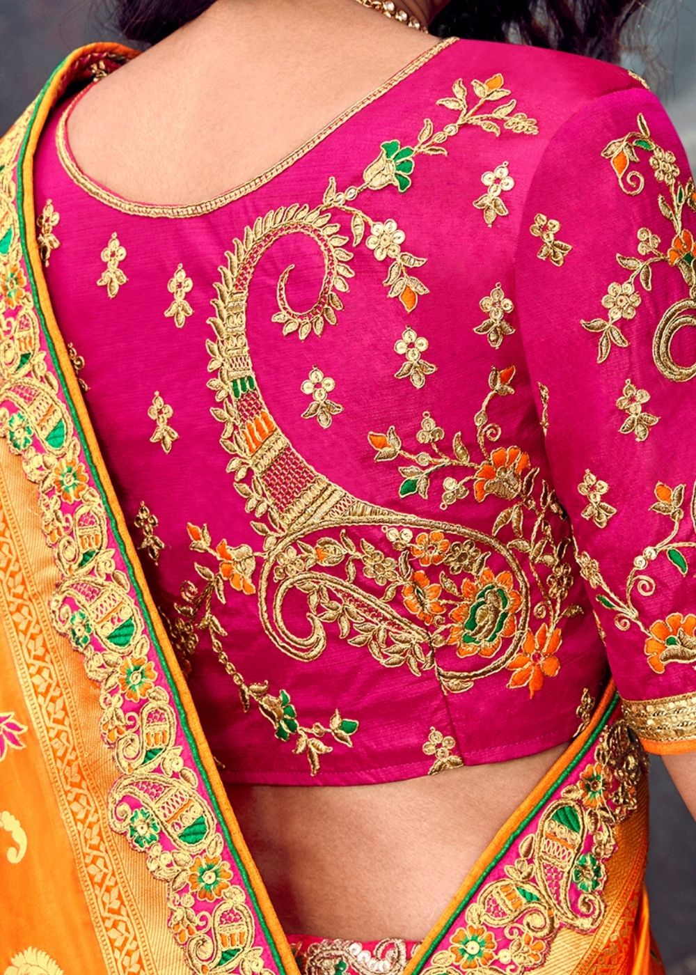 Rani Pink & Mustard Banarasi Silk Lehenga