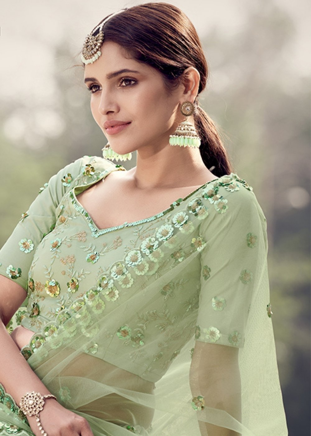Mint Green Designer Soft Net Lehenga Choli with Sequins & Thread work