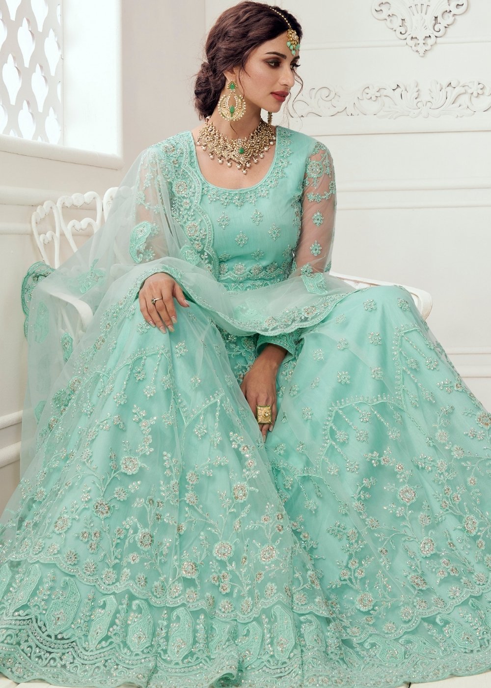 Turquoise Blue Soft Net Lehenga Choli with Cording, Stonework, Thread & Badla Embroidery