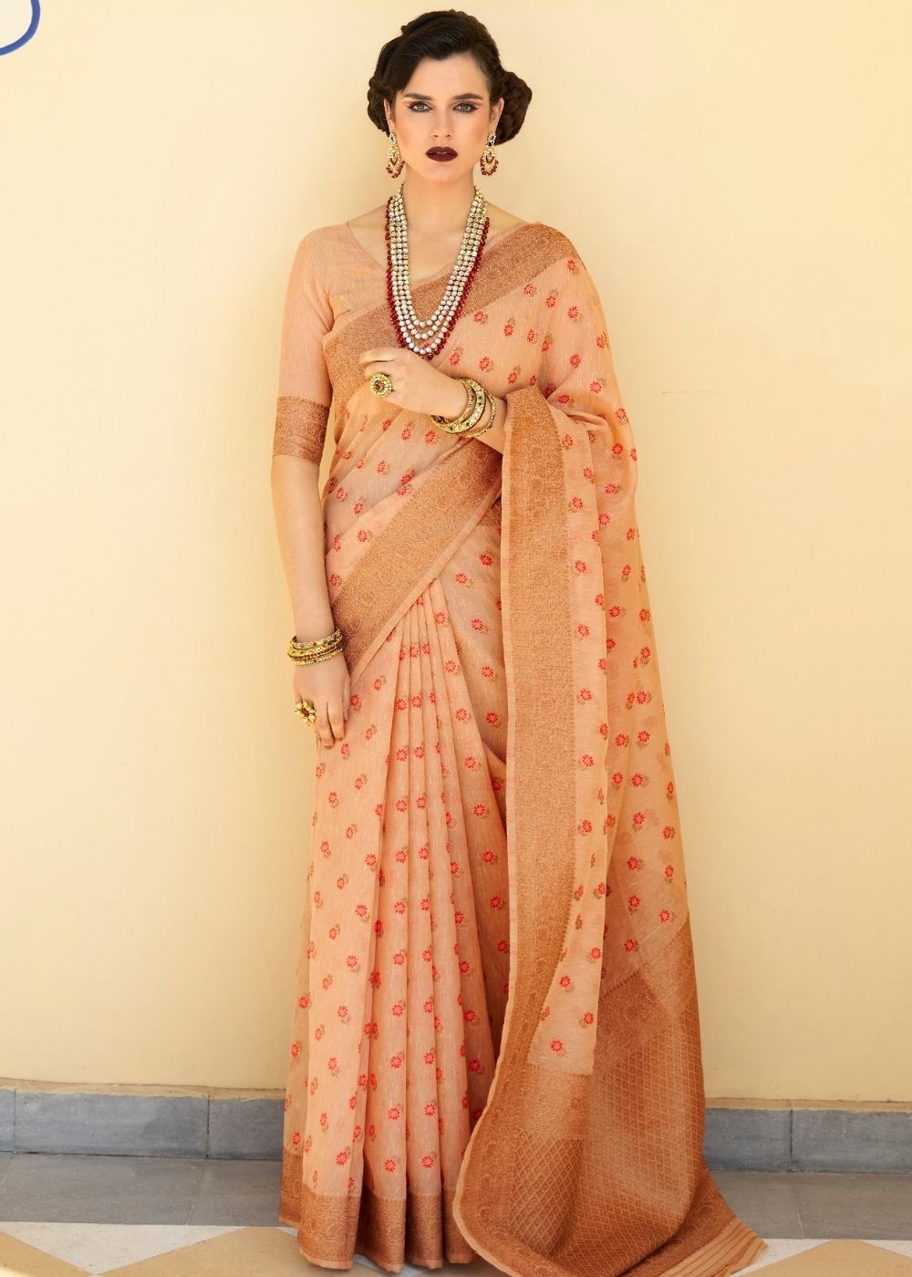 Cantaloupe Orange Pure Linen Woven Silk Saree with Zari work on Border and Pallu