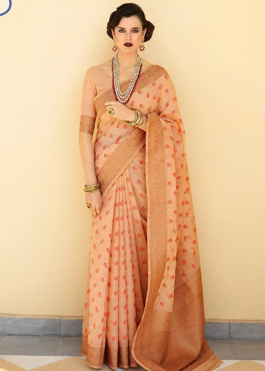 Cantaloupe Orange Pure Linen Woven Silk Saree with Zari work on Border and Pallu