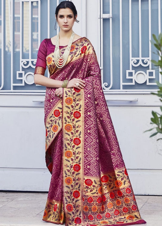 Begonia Pink and Golden Blend Silk Saree with Floral Woven Border and Pallu