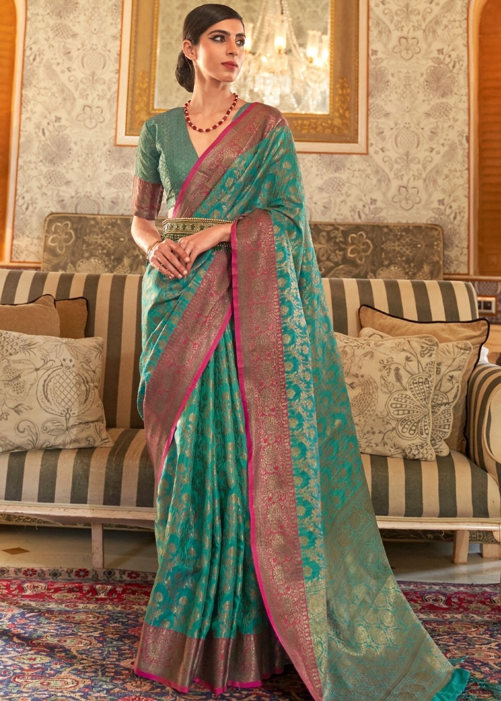 Sea Green Woven Banarasi Tussar Silk Saree