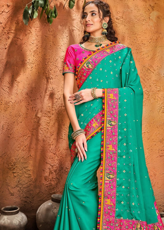 Turquoise Green Silk Saree with Mirror, Resham & Diamond work