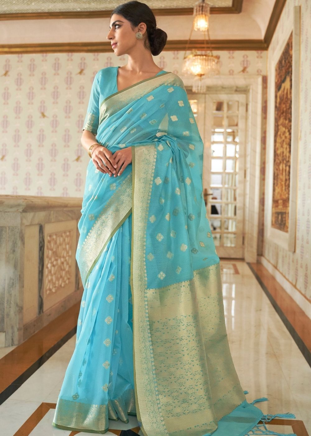 Arctic Blue Zari Woven Linen Silk Saree: Top Pick