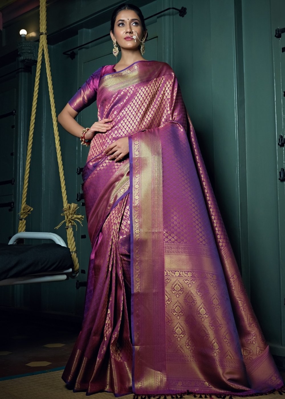 Wine Purple Woven Kanjivaram Silk Saree