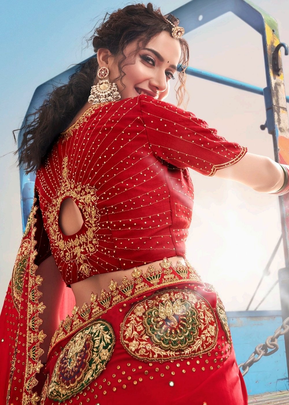 Carmine Red Satin Saree with Jari, Moti, Cut-Dana and Crystal work: Top Pick