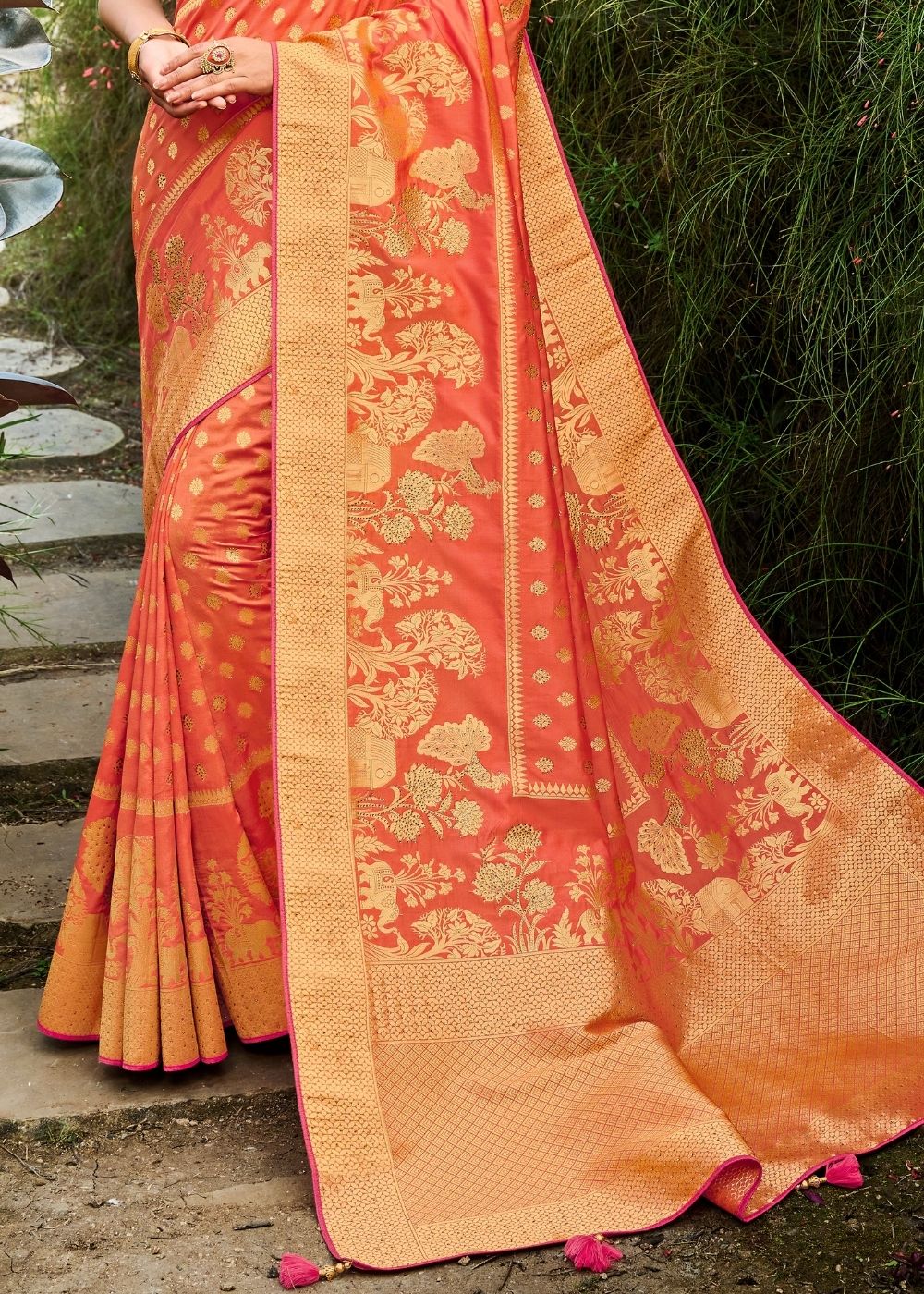 Coral Orange Zari Woven Banarasi Silk Saree: Top Pick