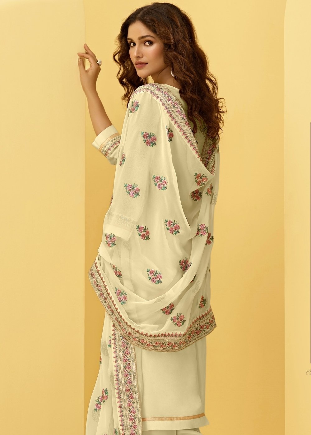 Light Yellow Georgette Salwar Suit with Thread, Zari & Cording Embroidery work