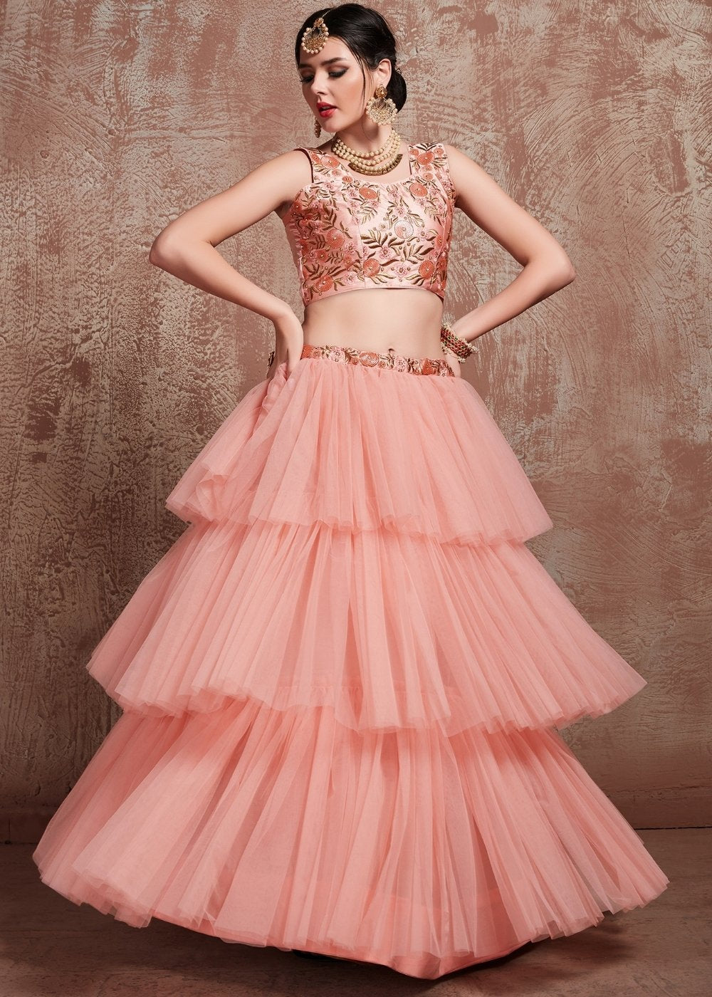Rose Pink Designer Soft Net Lehenga with Sequins, Zari & Pearl work