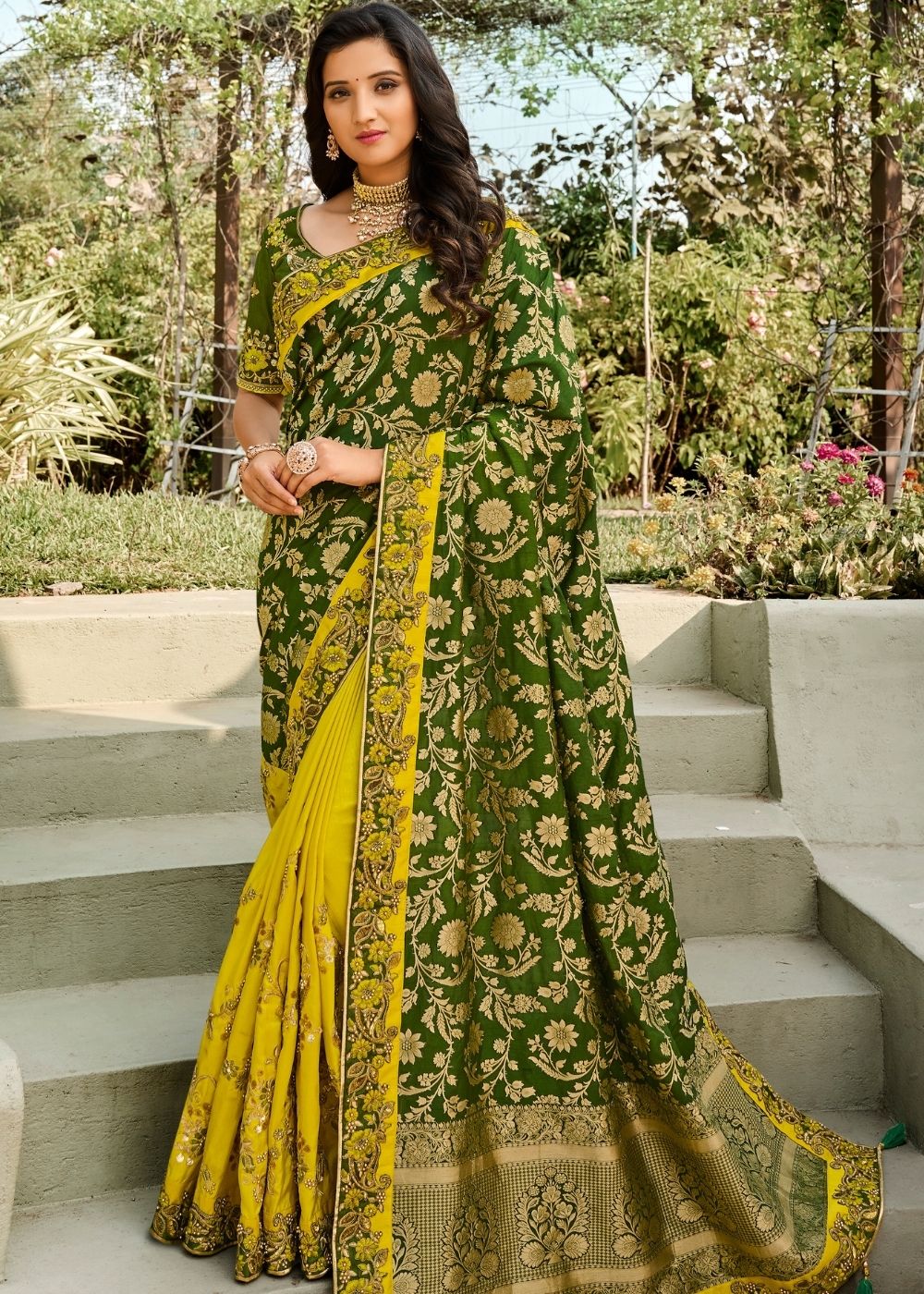 Yellow and Green Half N Half Silk Saree with Embroidered work : Top Pick