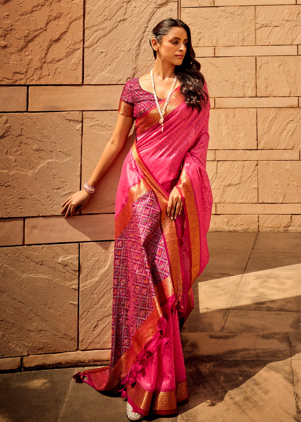 Hot Pink Woven Patola Silk Saree