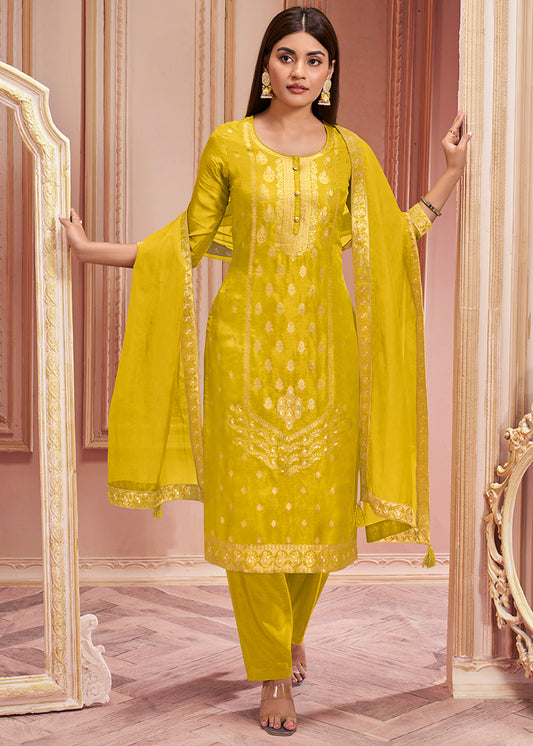 Titanium Yellow Dola Silk Jacquard Kurta with Santoon Trouser and Organza Dupatta