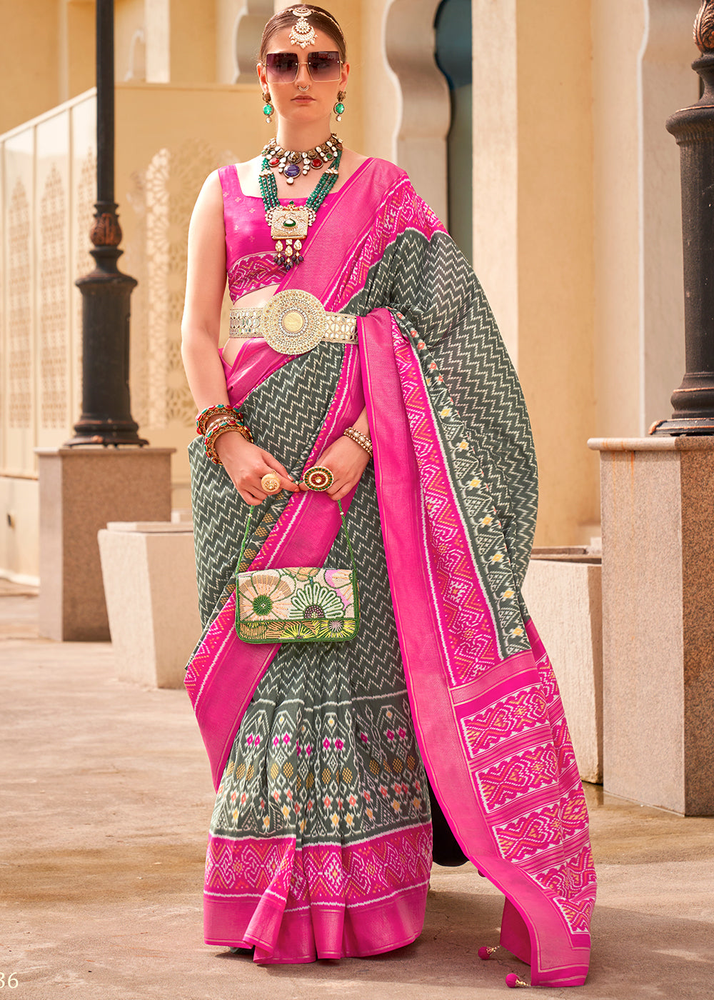 Lava Grey Patola Printed Silk Saree