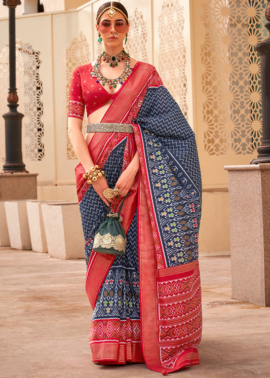 Navy Blue Patola Printed Silk Saree