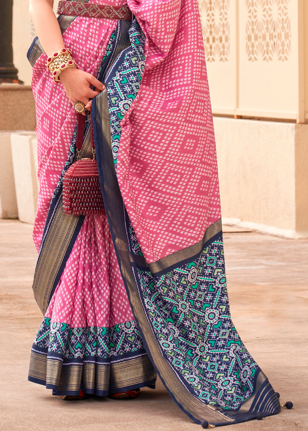 Neon Pink Patola Printed Silk Saree