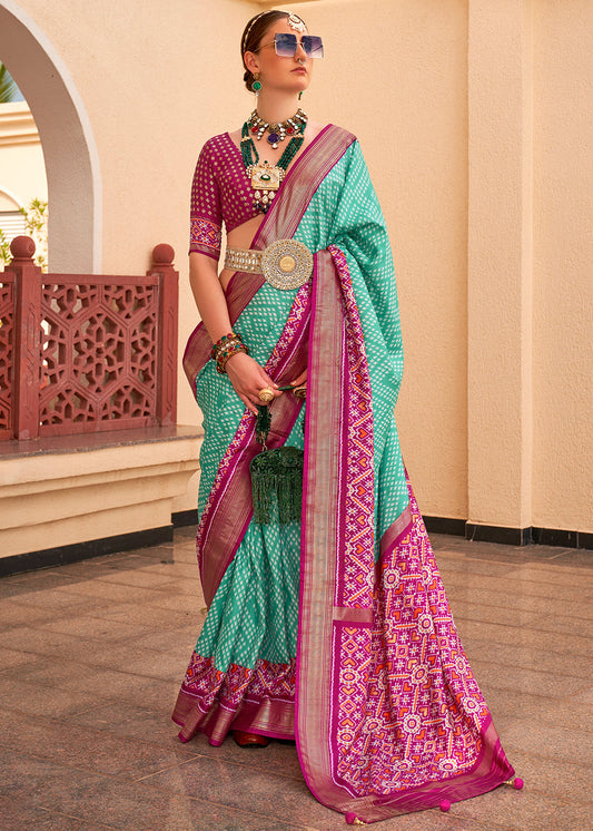 Turquoise Blue Patola Printed Silk Saree