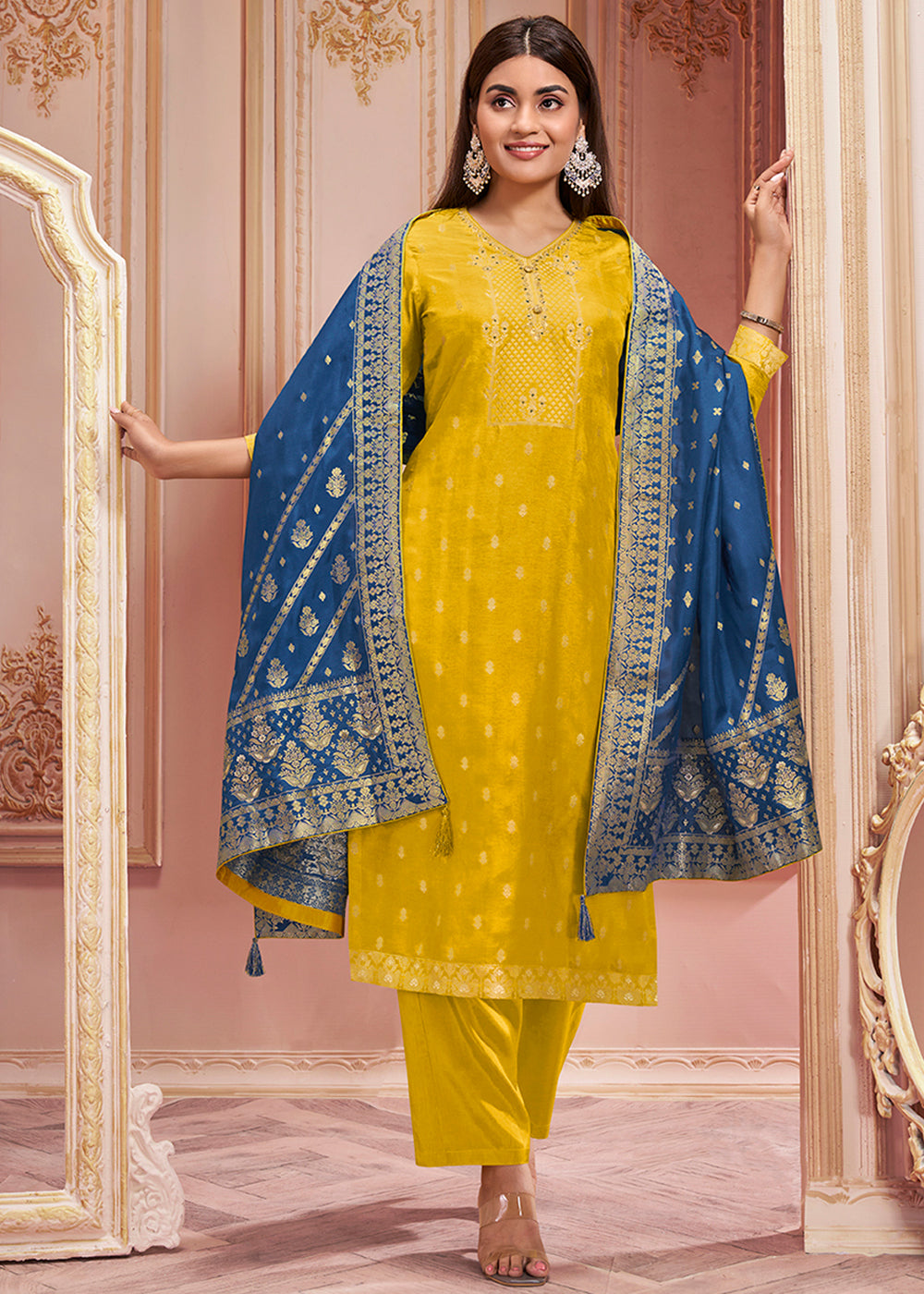 Mustard Yellow Dola Silk Jacquard Kurta with Santoon Trouser