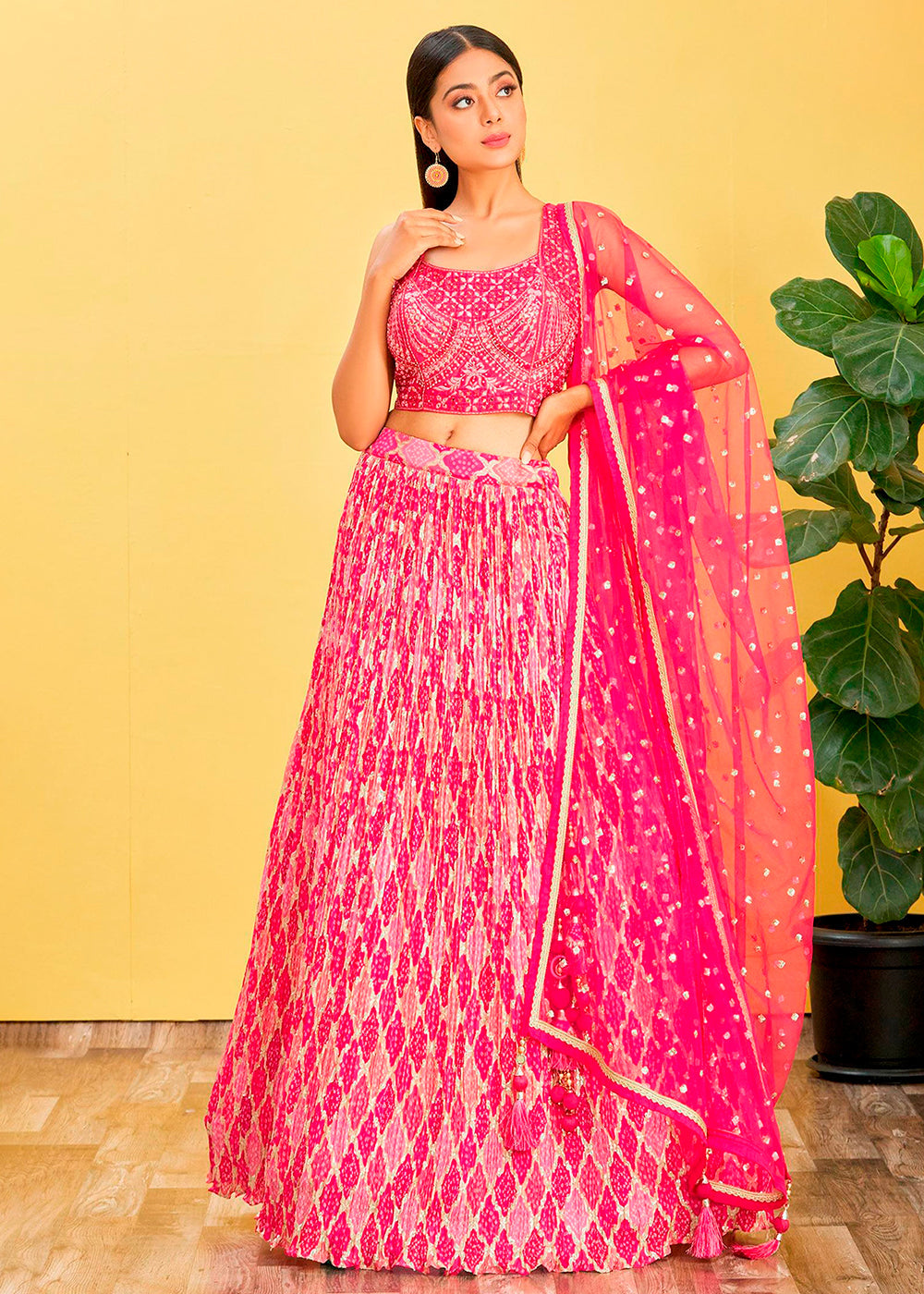 Hot Pink Digital Printed Chinnon Lehenga with Thread,Zari & Sequins Work