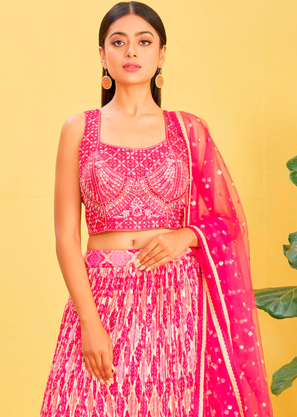 Hot Pink Digital Printed Chinnon Lehenga with Thread,Zari & Sequins Work