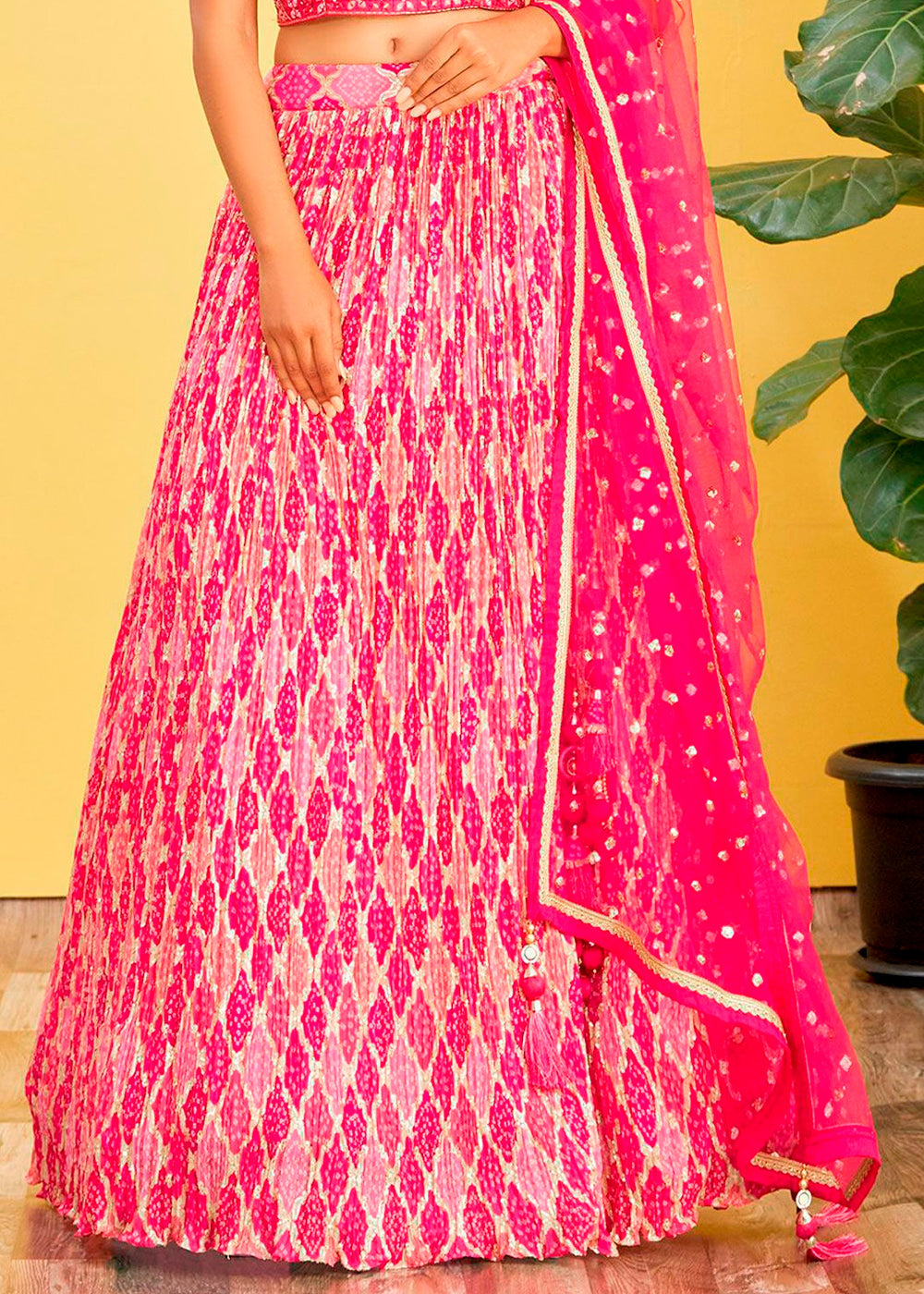 Hot Pink Digital Printed Chinnon Lehenga with Thread,Zari & Sequins Work