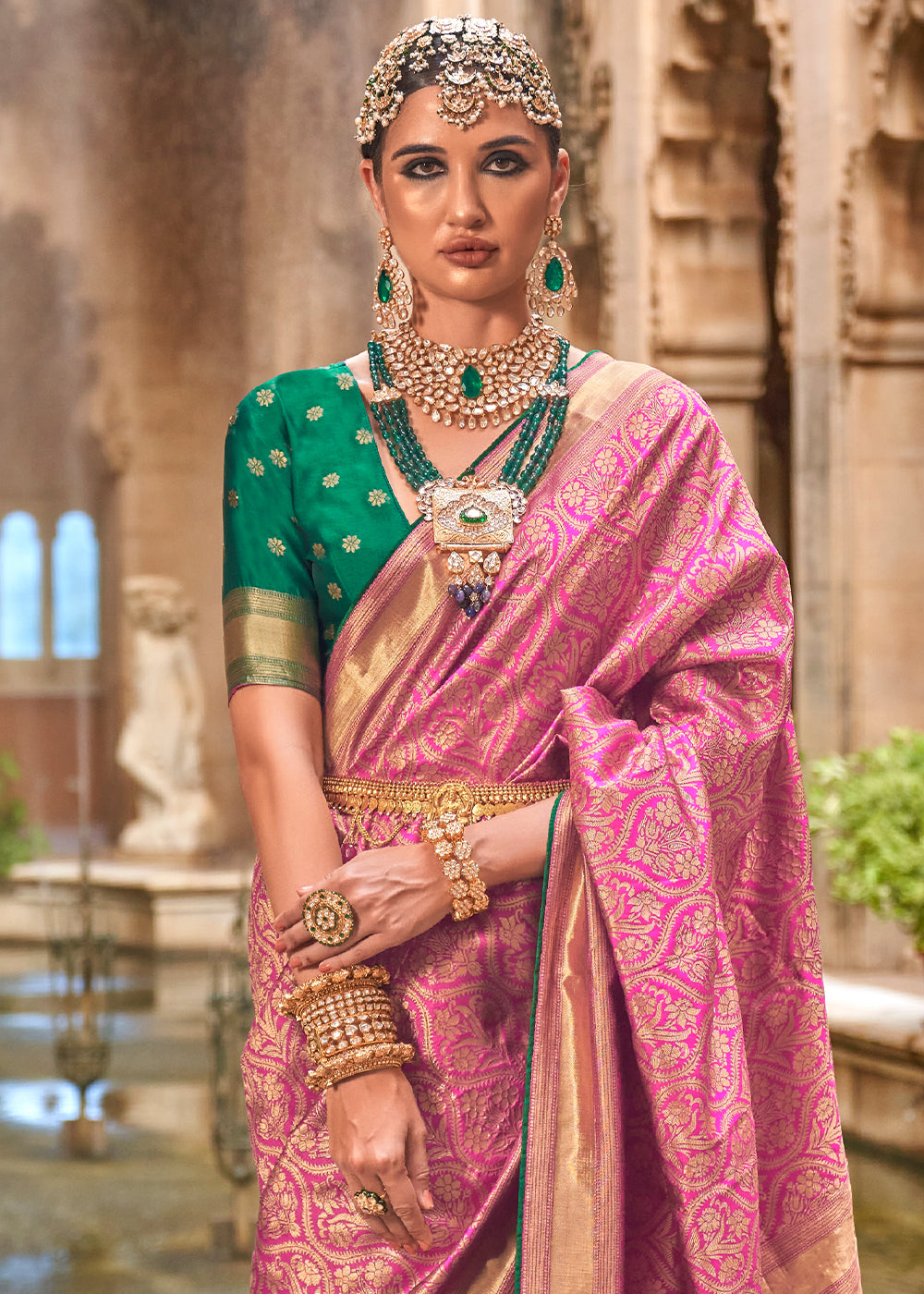 Bubblegum Pink Zari Woven Banarasi Silk Saree