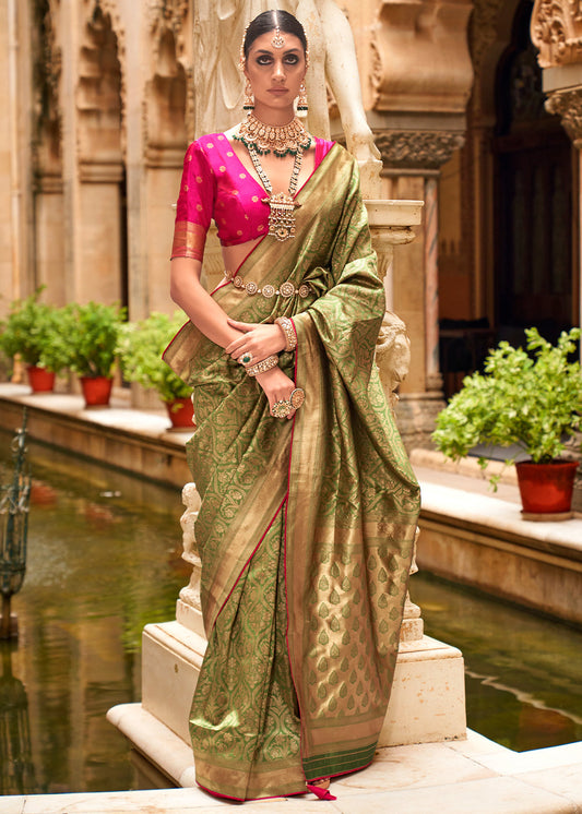 Olive Green Zari Woven Banarasi Silk Saree