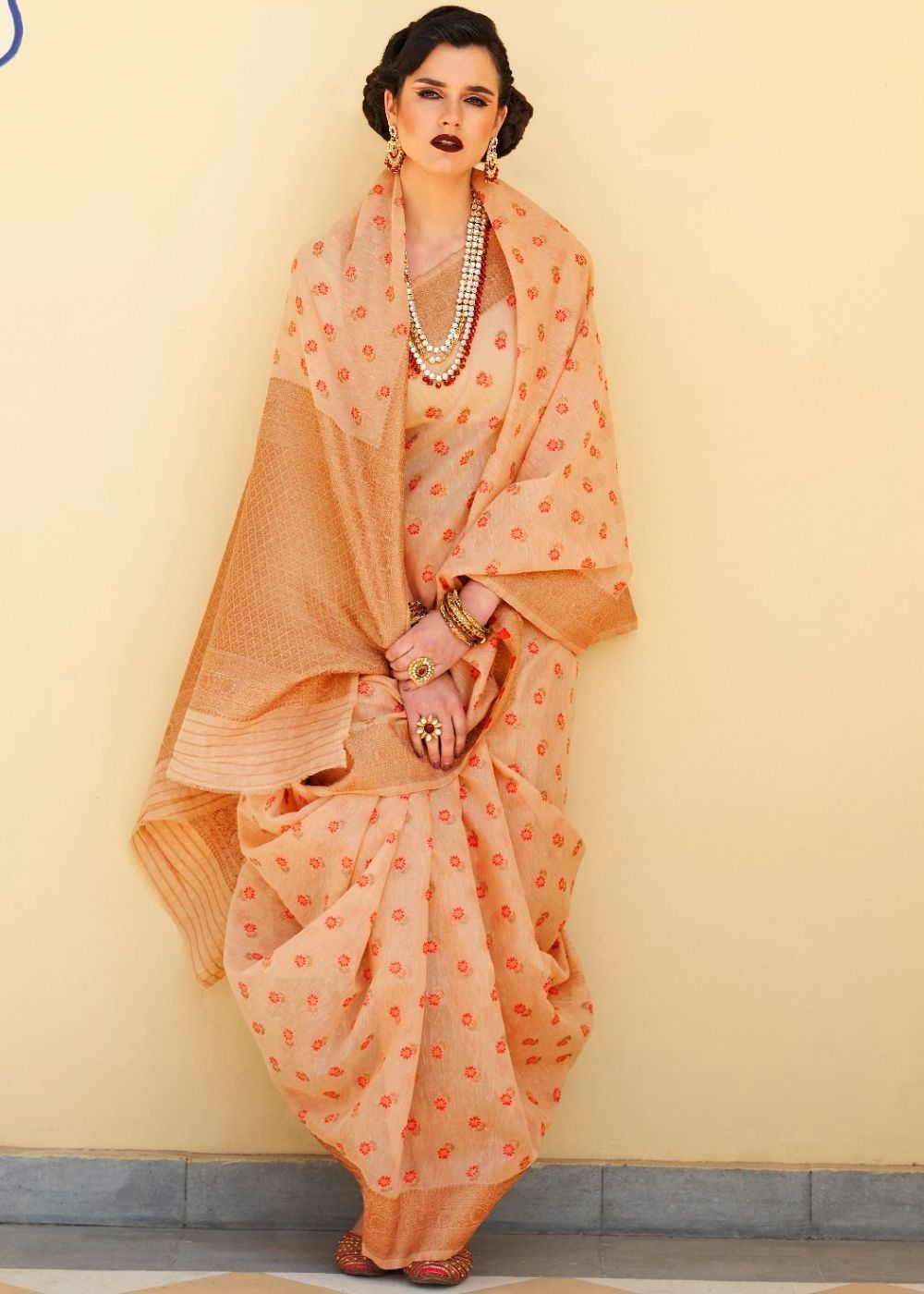 Cantaloupe Orange Pure Linen Woven Silk Saree with Zari work on Border and Pallu