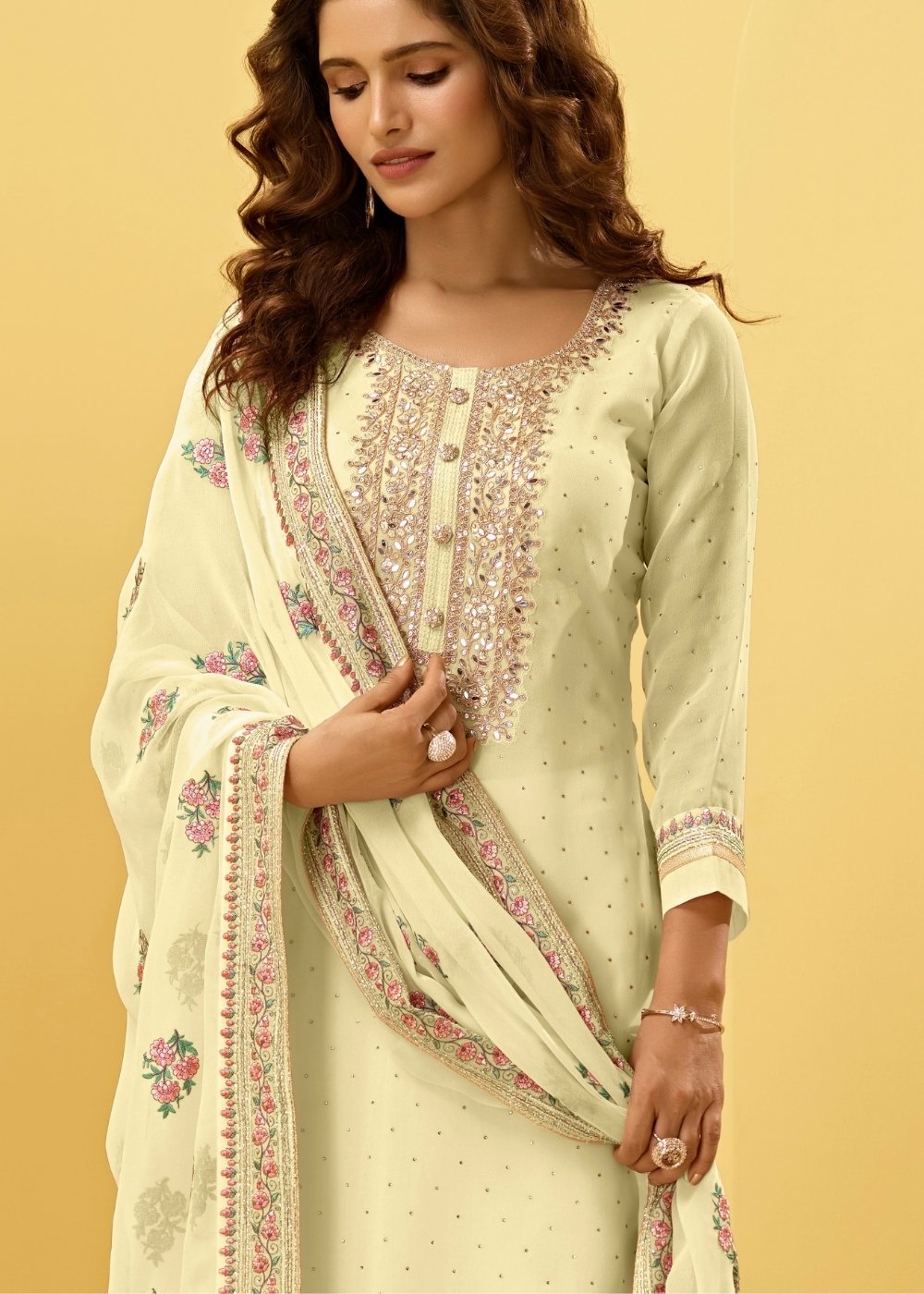 Light Yellow Georgette Salwar Suit with Thread, Zari & Cording Embroidery work