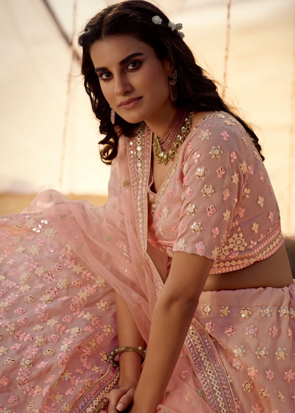 Salmon Pink Organza Lehenga Choli with Thread, Foli and Mirror work (Pre-Order)