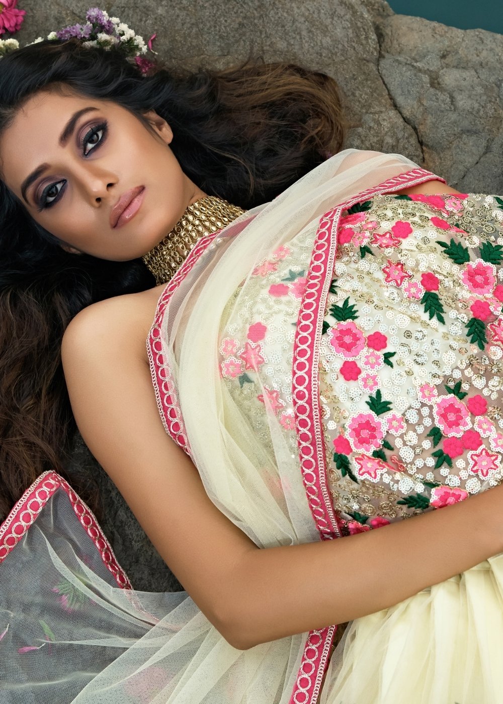 Linen White Designer Soft Net Lehenga Choli with Sequins & Thread work