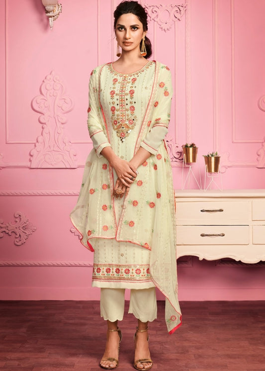 Banana Yellow Georgette Salwar Suit with Thread Embroidery, Katli & Mirror work