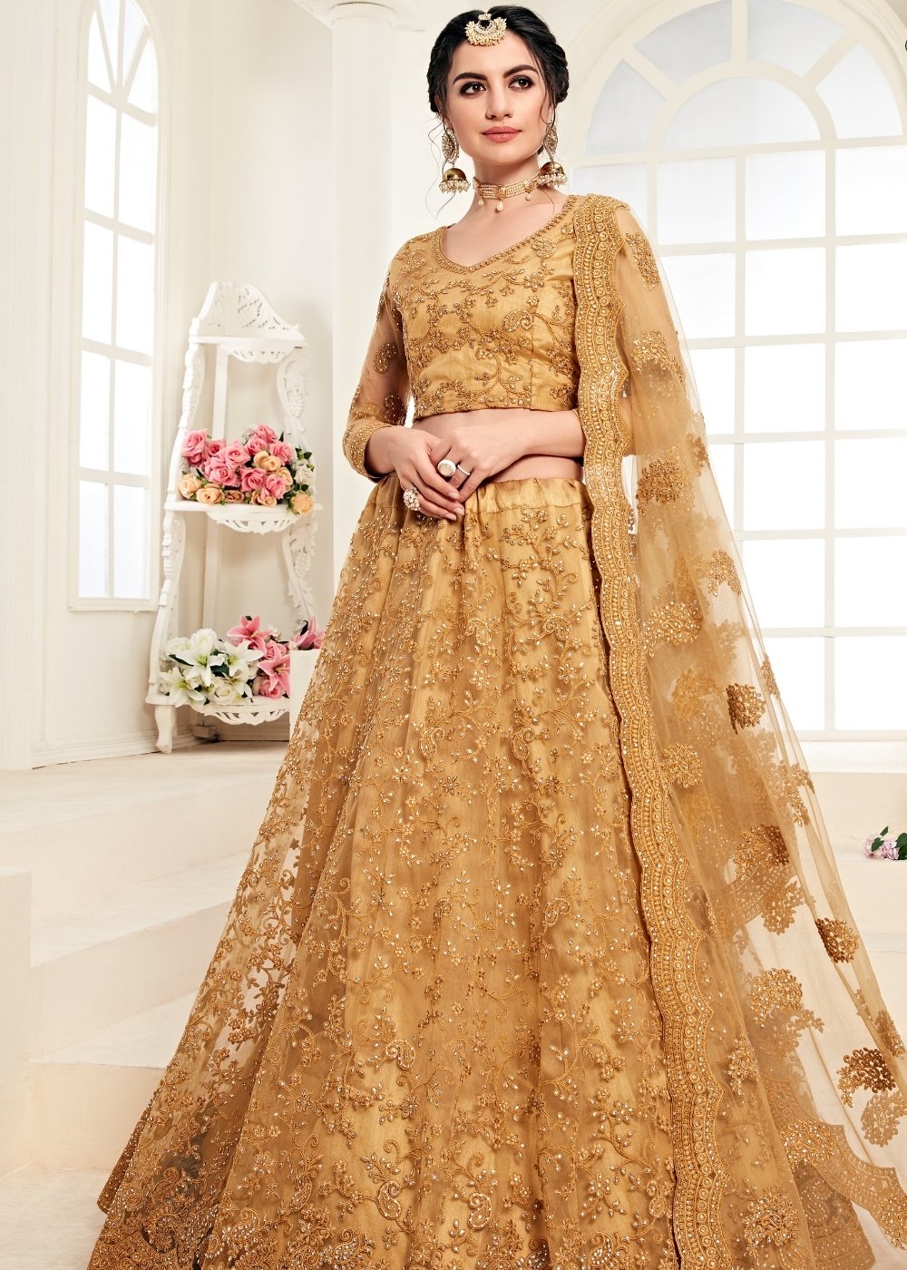 Caramel Brown Soft Net Lehenga Choli with Cording Embroidery & Stonework