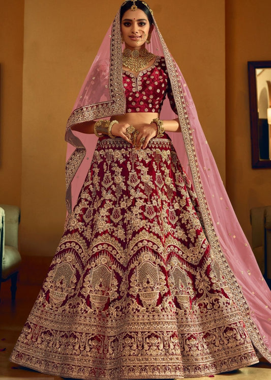 Wine Red Bridal Velvet Lehenga Choli with Embroidery & Hand work