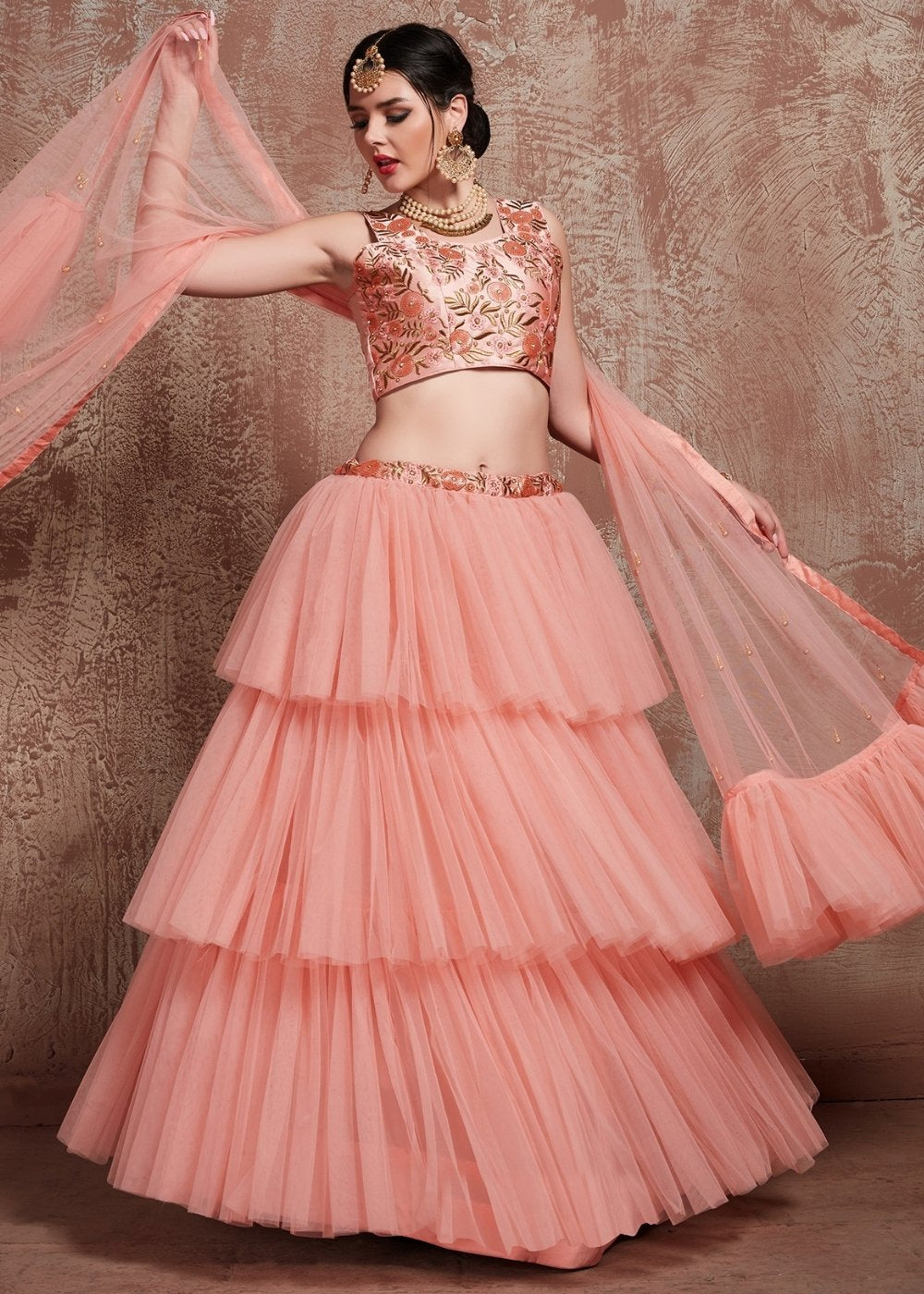 Rose Pink Designer Soft Net Lehenga with Sequins, Zari & Pearl work