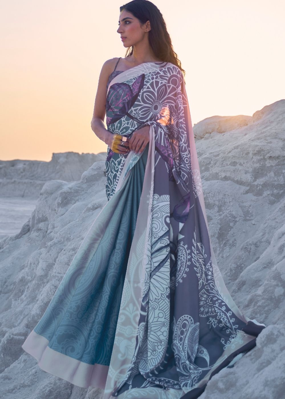 Cerulean Blue and Violet Digital Printed Crepe Silk Saree: Top Pick
