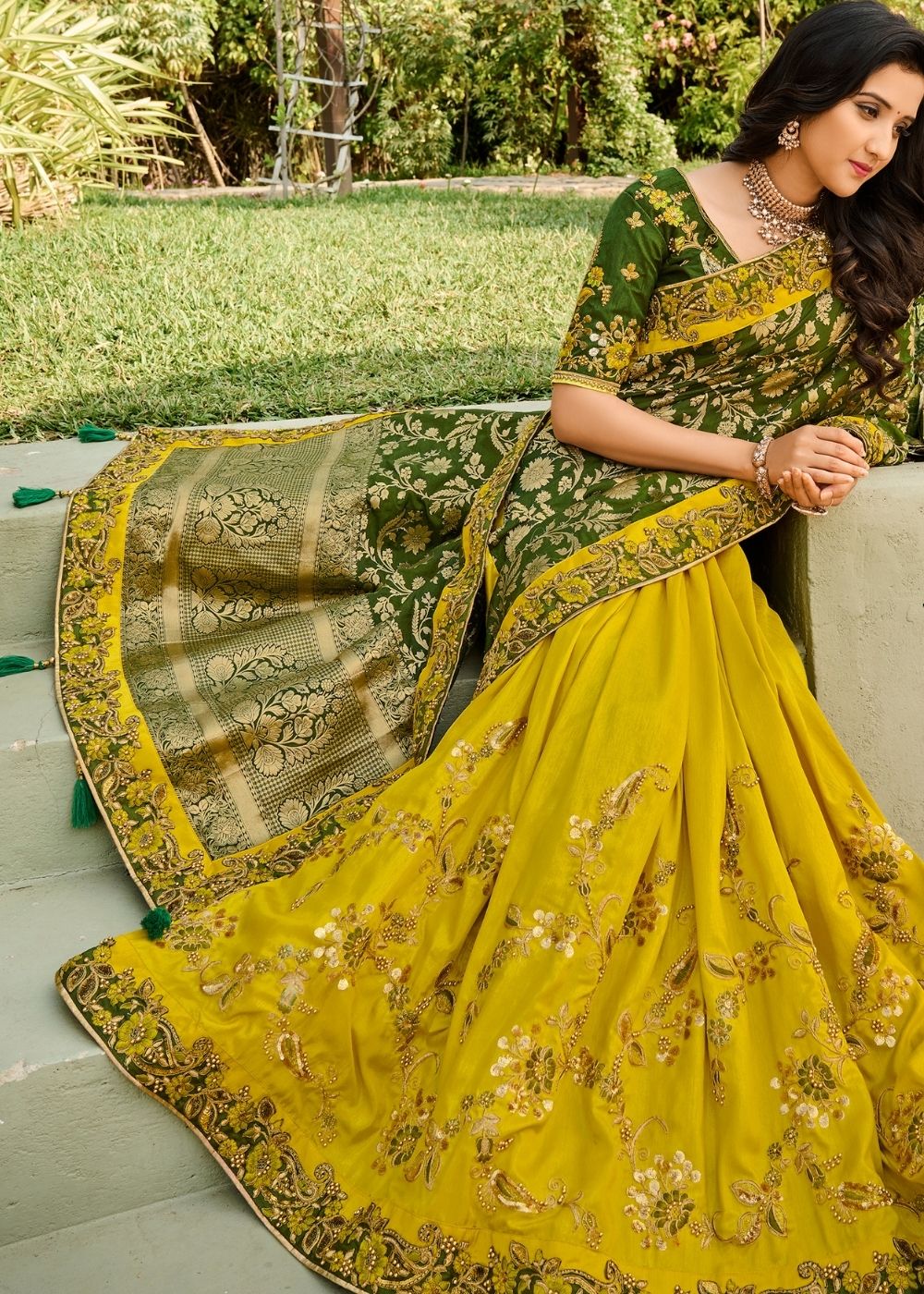 Yellow and Green Half N Half Silk Saree with Embroidered work : Top Pick