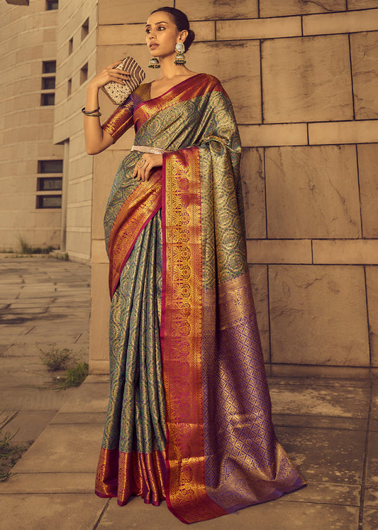 Green & Purple Zari Woven Banarasi Silk Saree