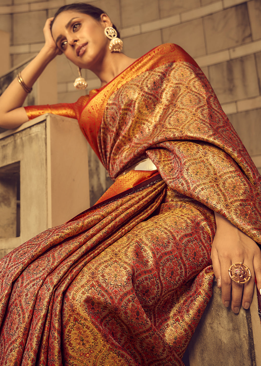 Shades Of Orange Zari Woven Banarasi Silk Saree