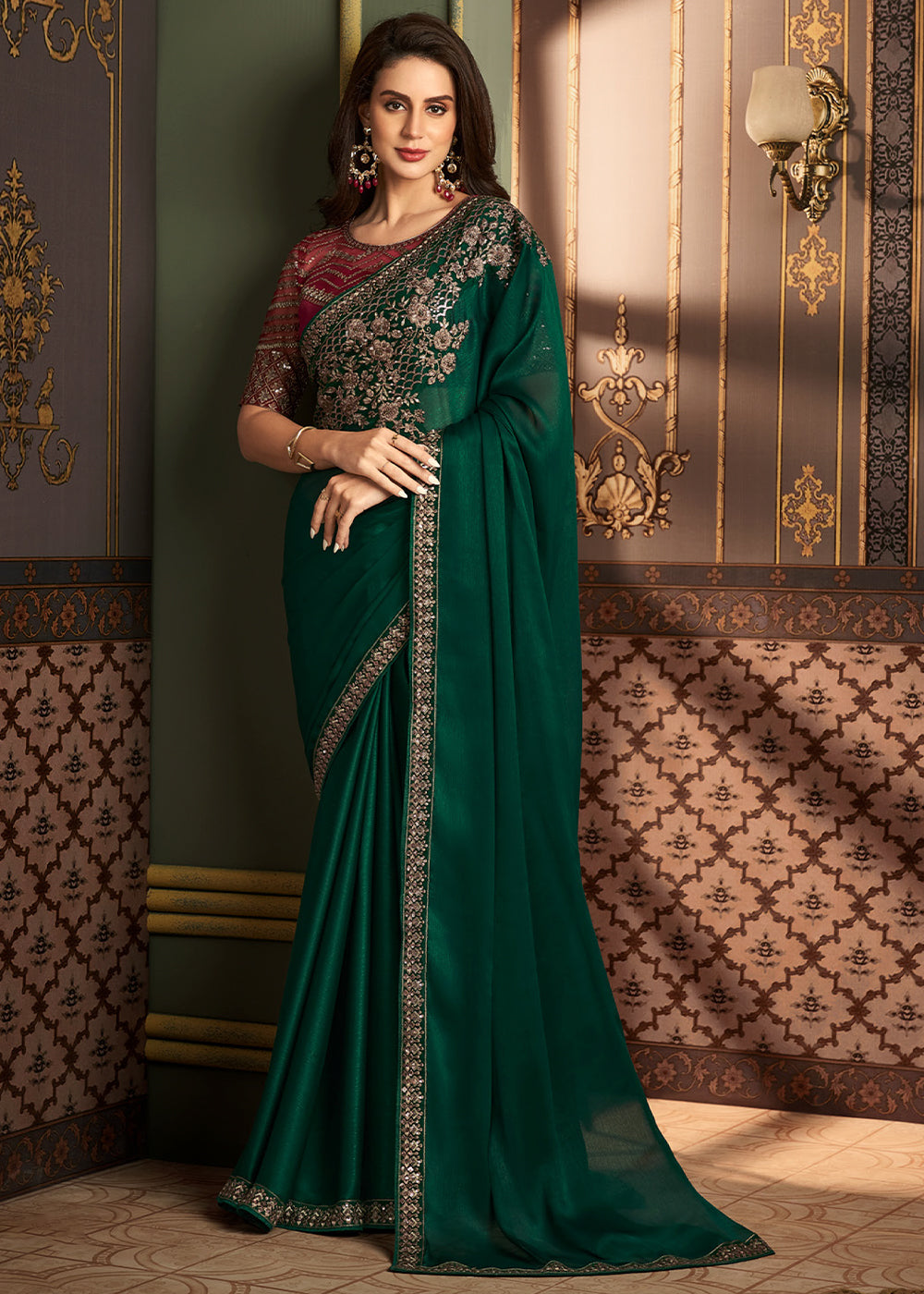 Dark Green Designer Embroidered Silk Saree