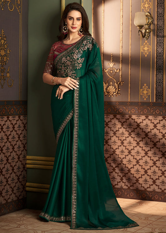 Dark Green Designer Embroidered Silk Saree