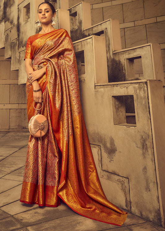 Shades Of Orange Zari Woven Banarasi Silk Saree