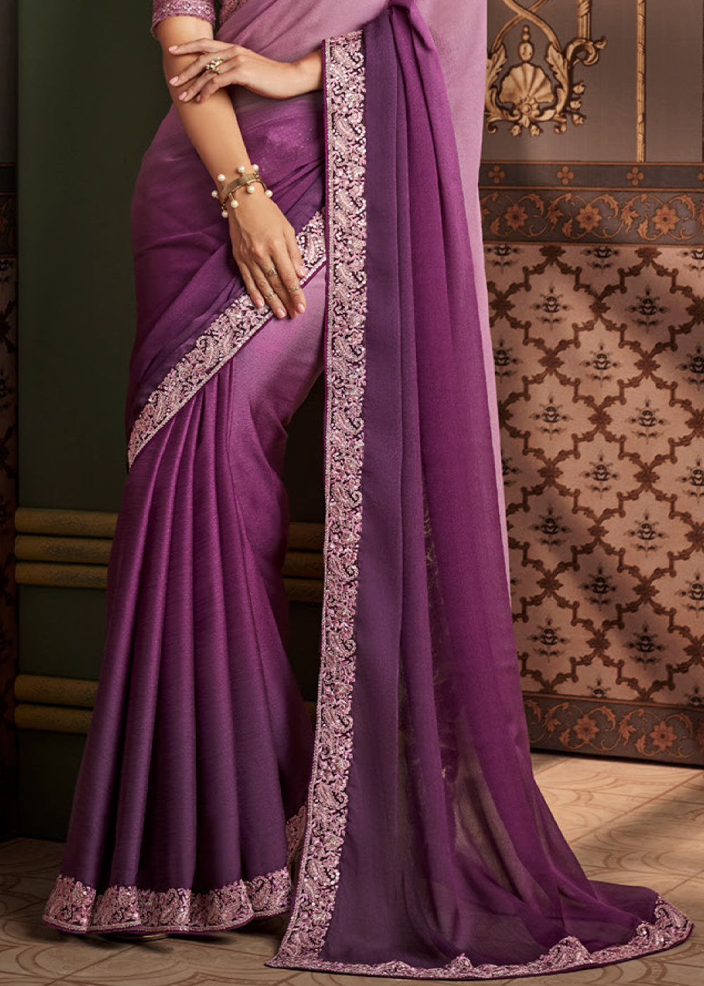 Shades Of Purple Designer Embroidered Silk Saree