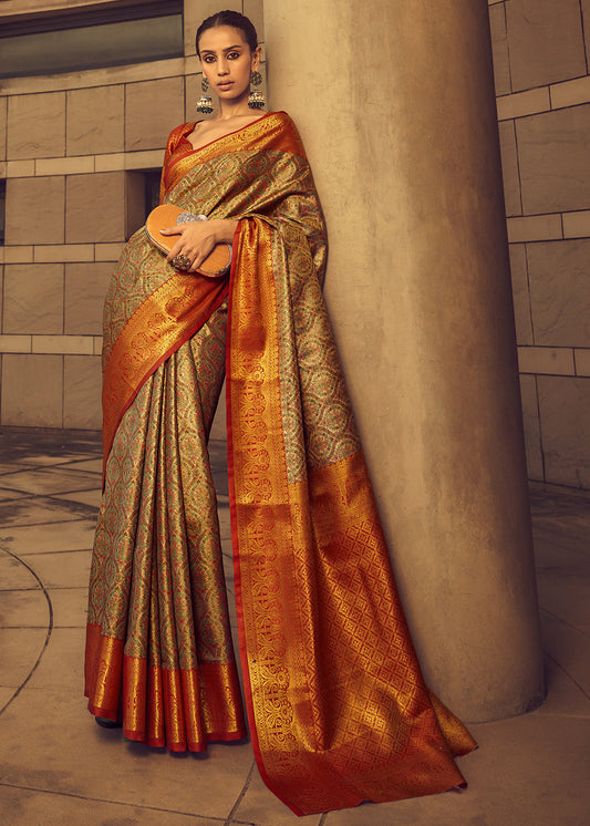 Reddish Orange Zari Woven Banarasi Silk Saree