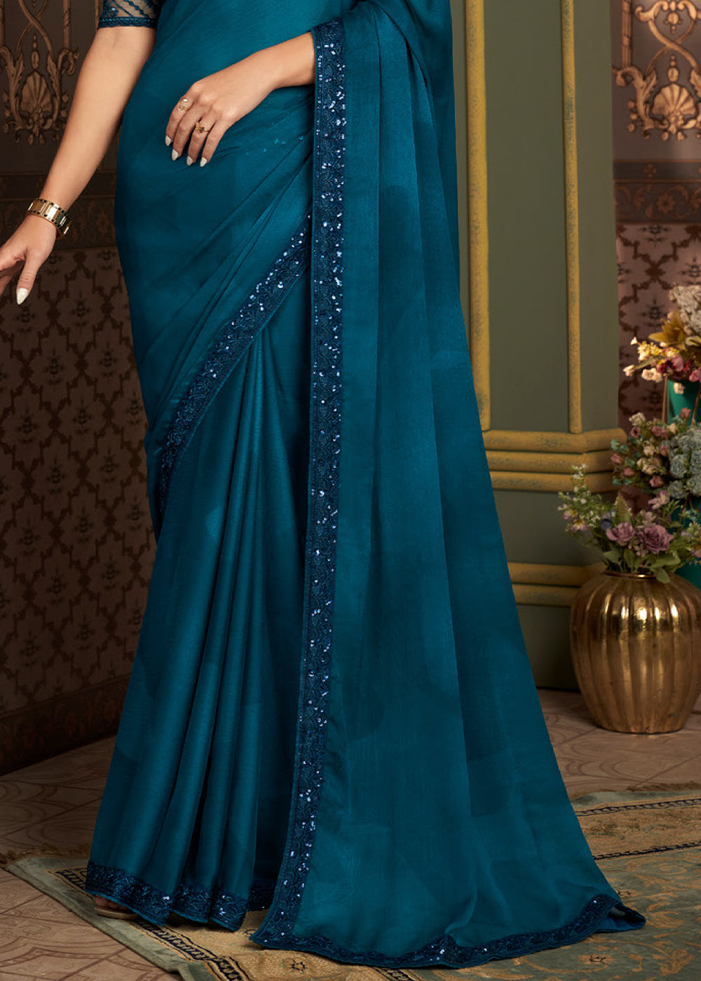 Shades Of Blue Designer Embroidered Chiffon Silk Saree