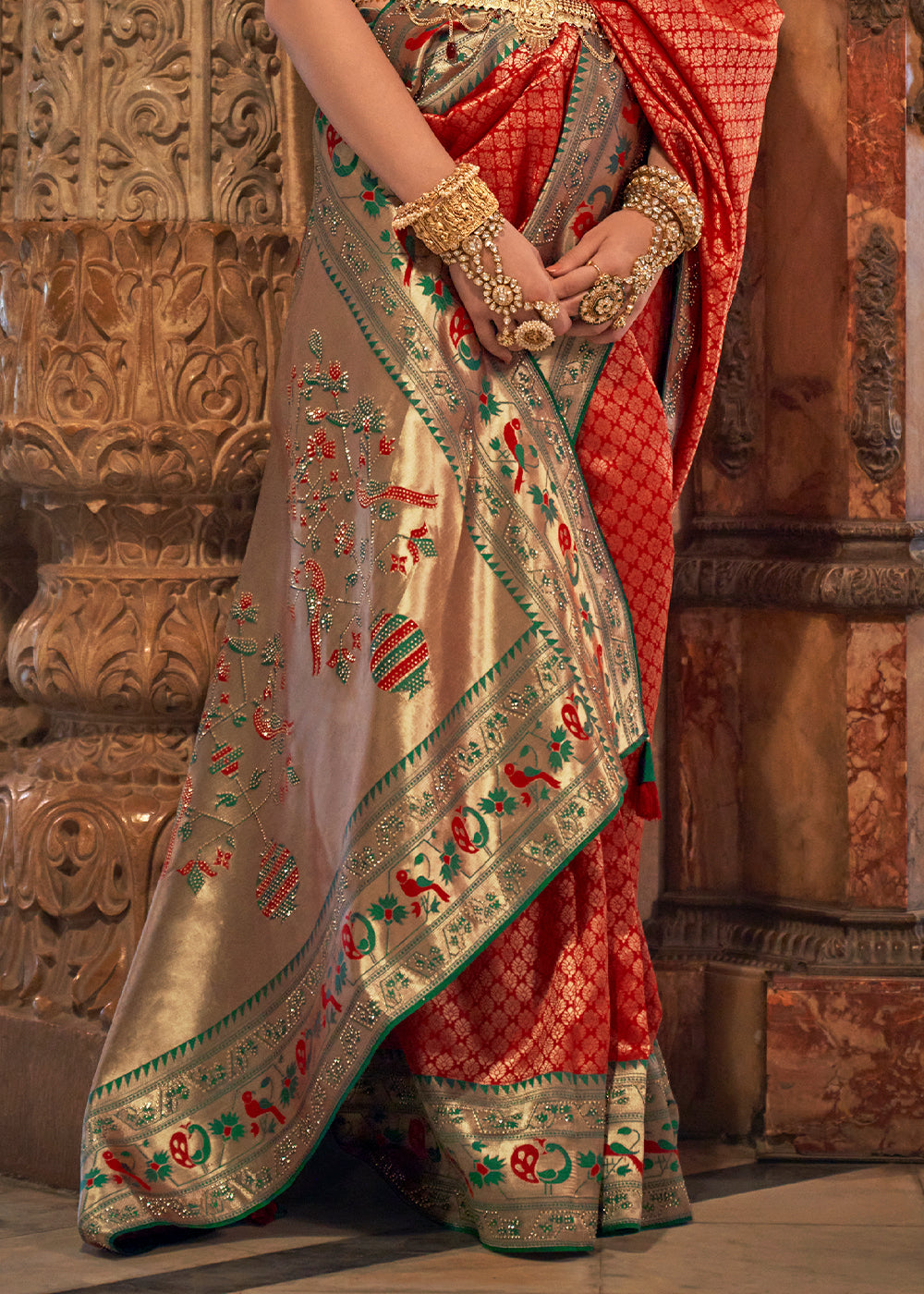 Persian Red Jacquard Woven Banarasi Silk Saree with Stone Work