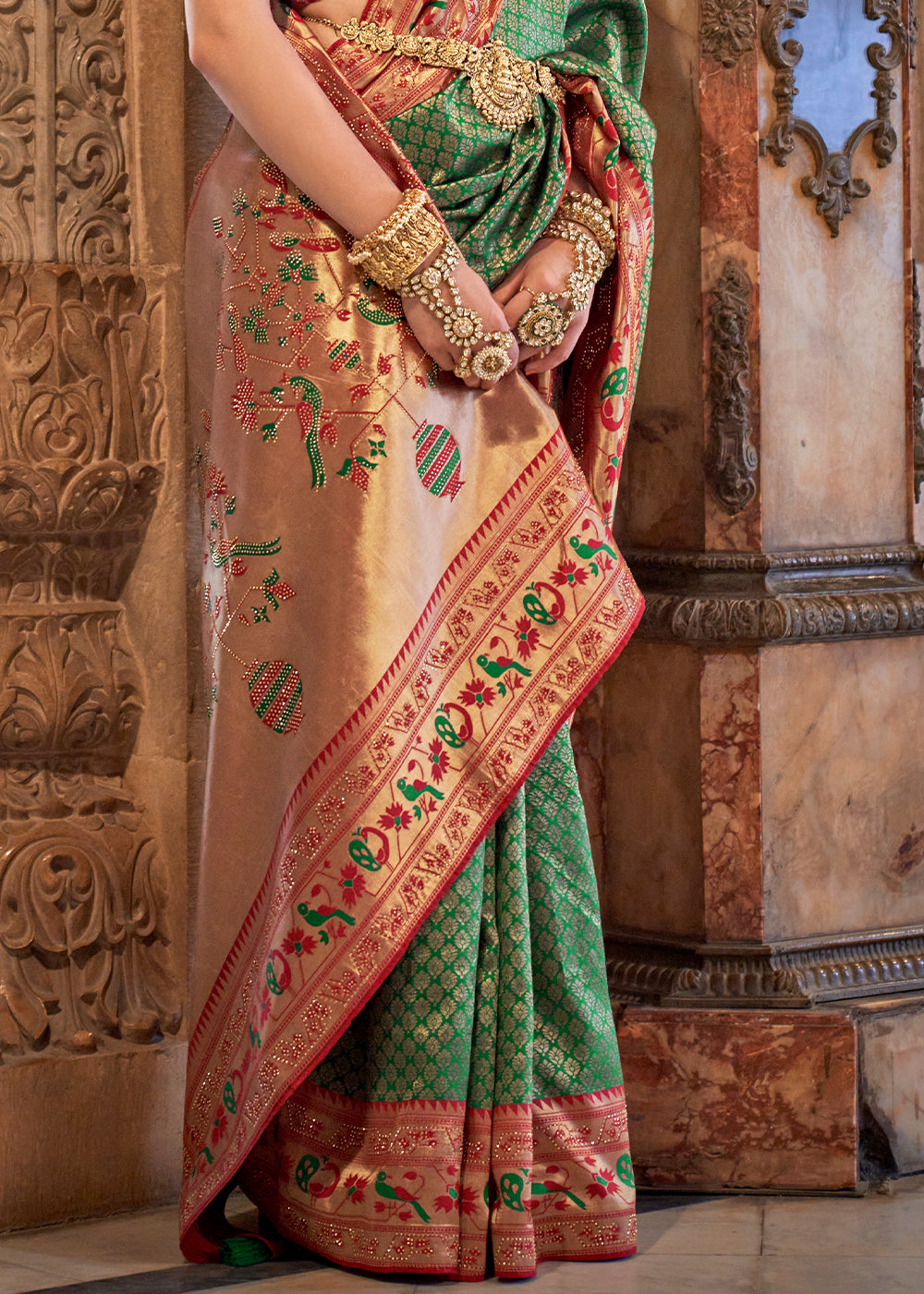 Sea Green Jacquard Woven Banarasi Silk Saree with Stone Work