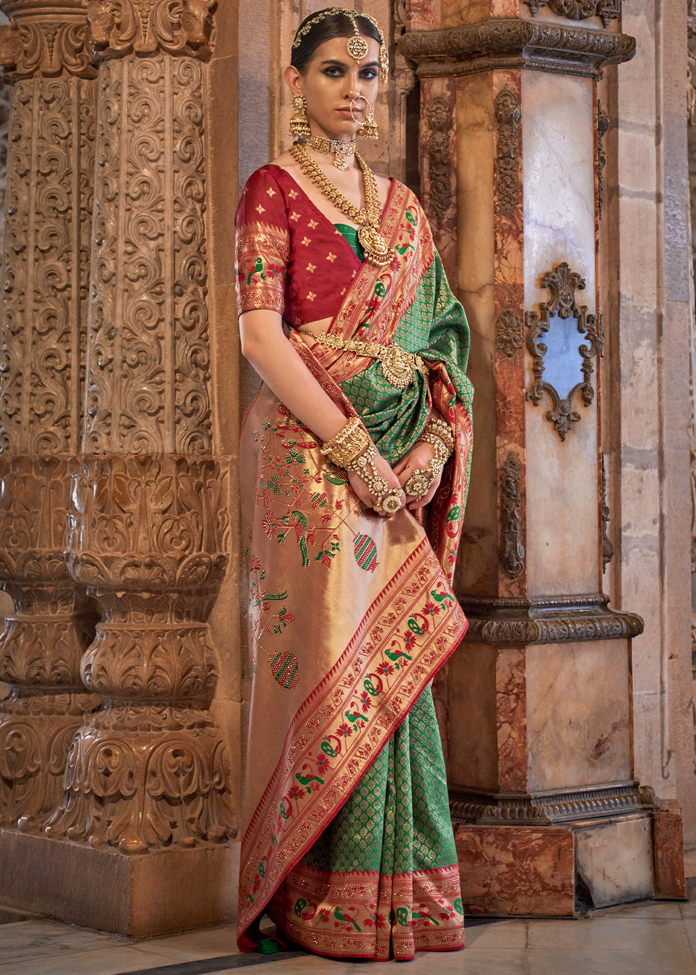 Sea Green Jacquard Woven Banarasi Silk Saree with Stone Work