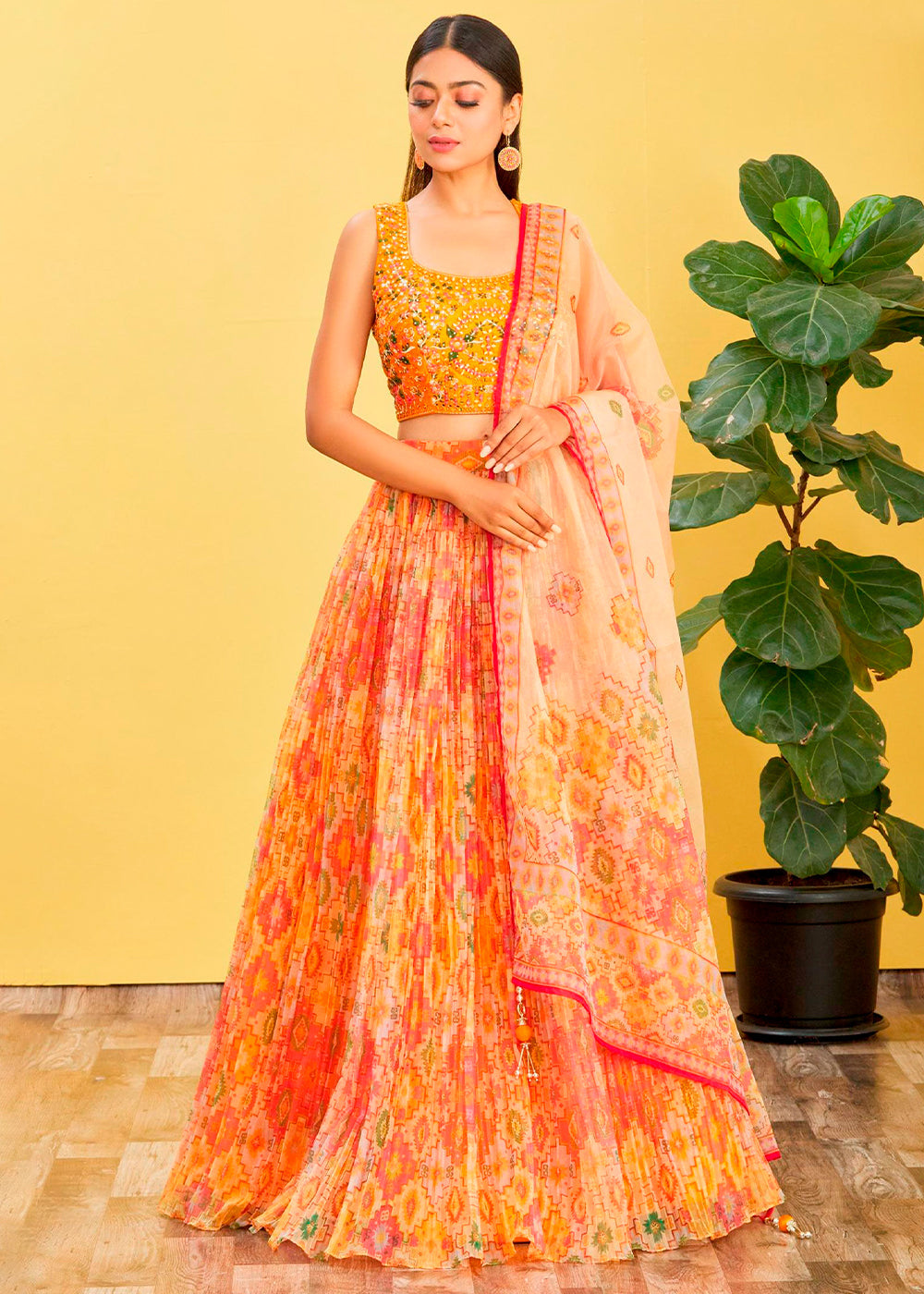 Shades Of Yellow Digital Printed Organza Lehenga with Thread,Zari & Sequins Work